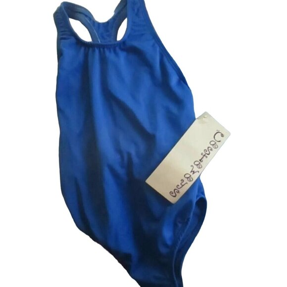 Vintage 1980's GIRLS Swimsuit 10 NYLON BLUE 1 Piece swim suit CASTAWAYS New nwt
